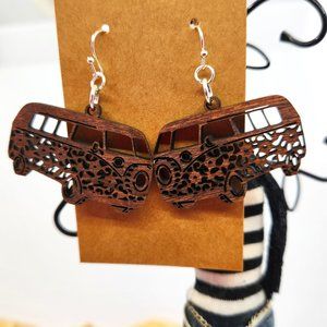 Handmade Hippie Bus Wood Earrings, Laser Cut, Baltic Birch Wood. New.